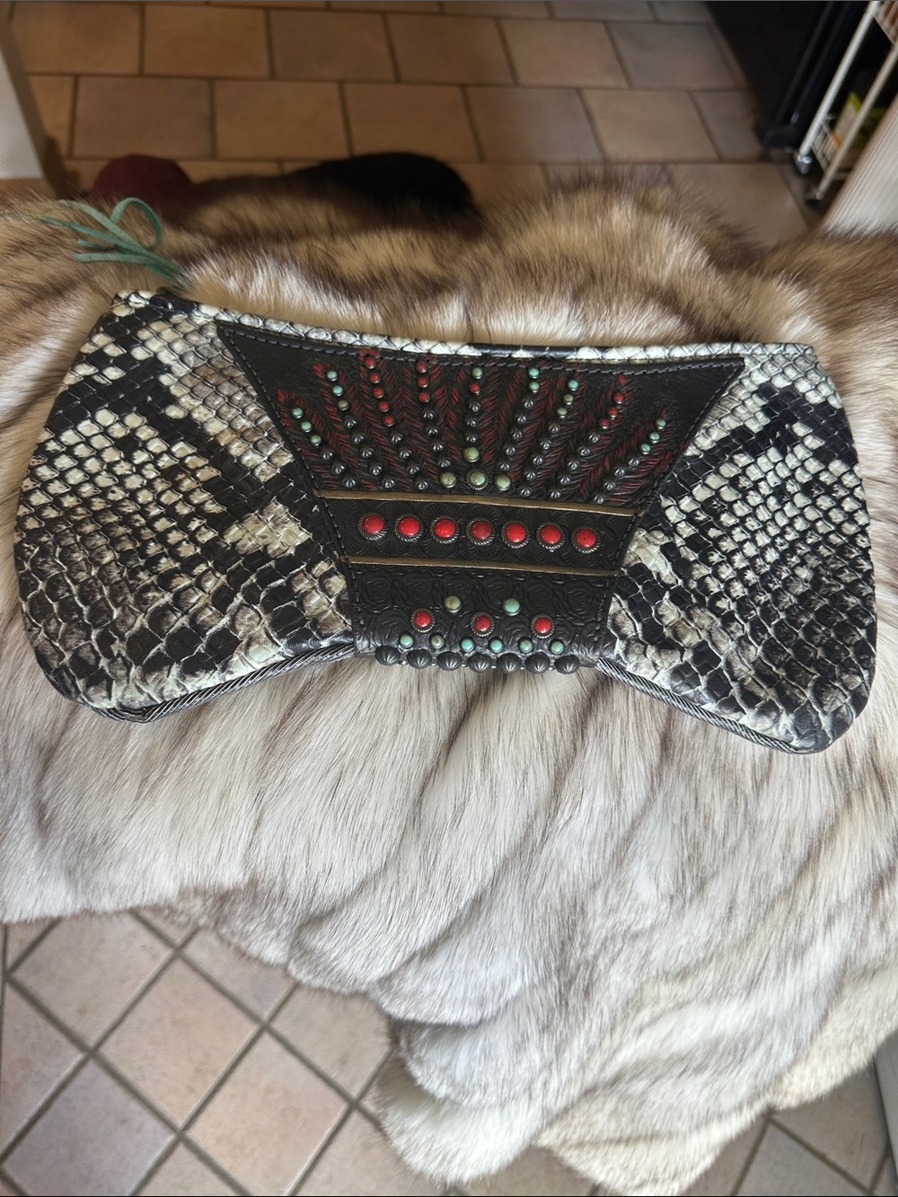 Dashyn #224, Black & White Leather Clutch w/Studs, Turquoise & Carnelian stones